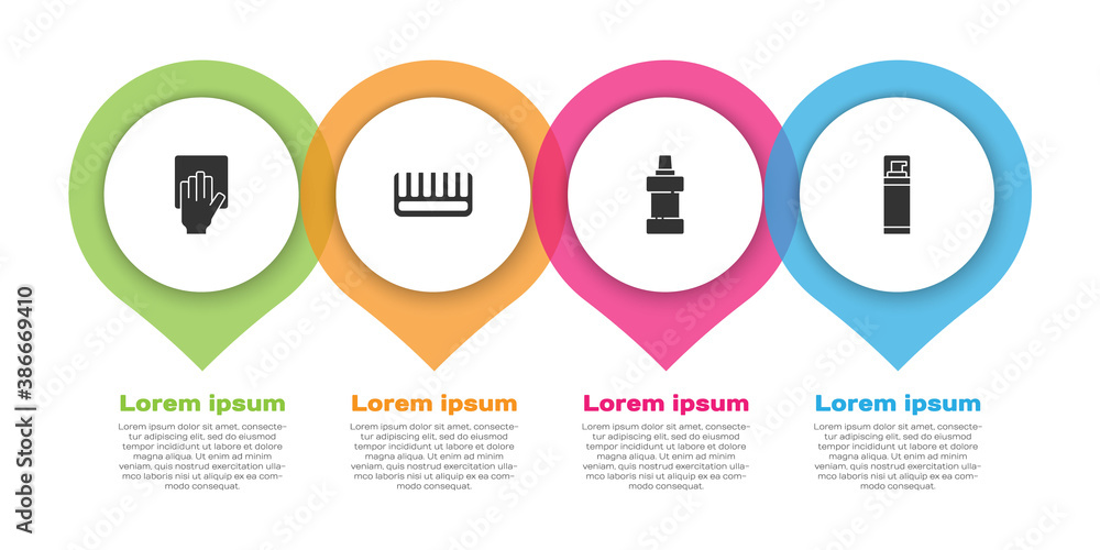 套装清洁服务、发刷、清洁剂瓶和剃须凝胶泡沫。商业信息图