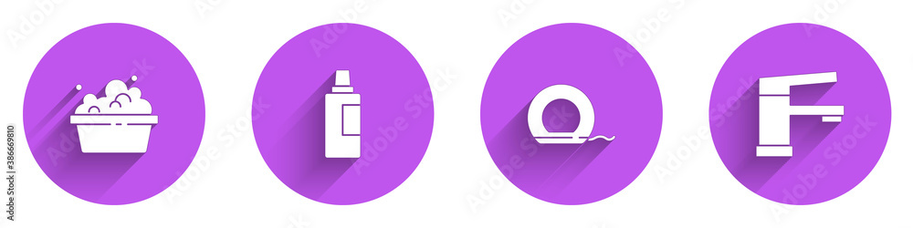 Set Basin with soap suds, Bottle for cleaning agent, Dental floss and Water tap icon with long shado