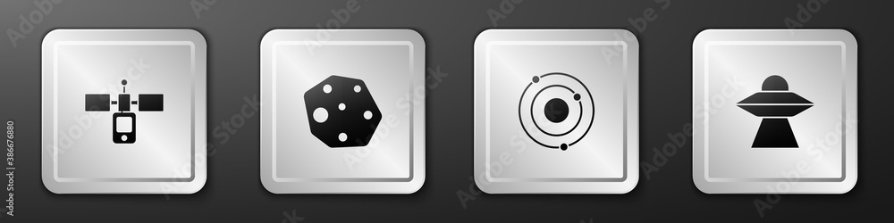 Set Satellite, Asteroid, Solar system and UFO flying spaceship icon. Silver square button. Vector.