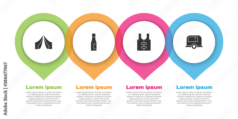 设置旅游帐篷、水瓶、救生衣和房车露营拖车。商业信息图模板