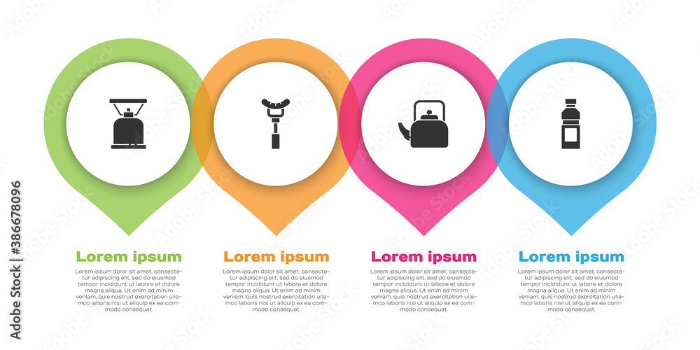Set Camping gas stove, Sausage on the fork, Kettle with handle and Bottle of water. Business infogra
