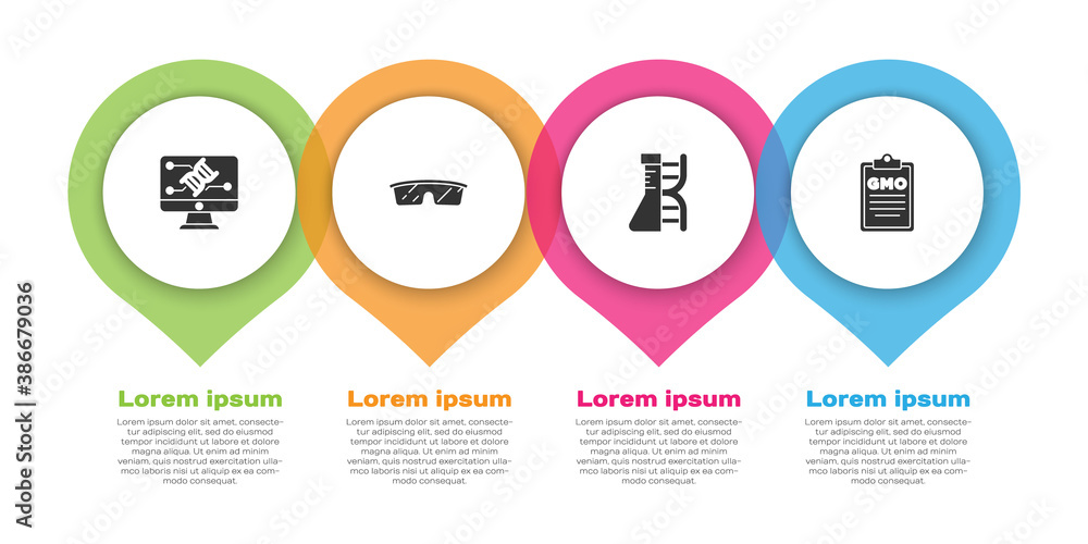 Set Genetic engineering modification, Laboratory glasses, DNA research, search and GMO. Business inf