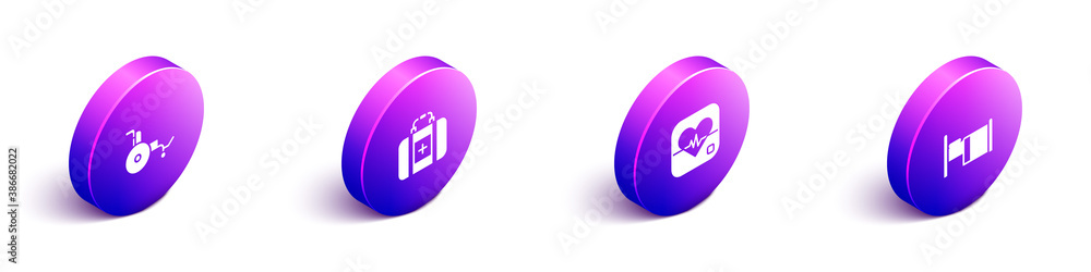 Set Isometric Wheelchair, First aid kit, Heart rate and Hospital bed icon. Vector.