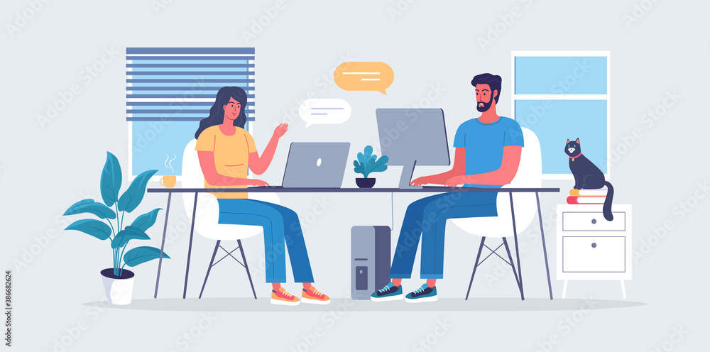 Two people woman and man work remote at home office