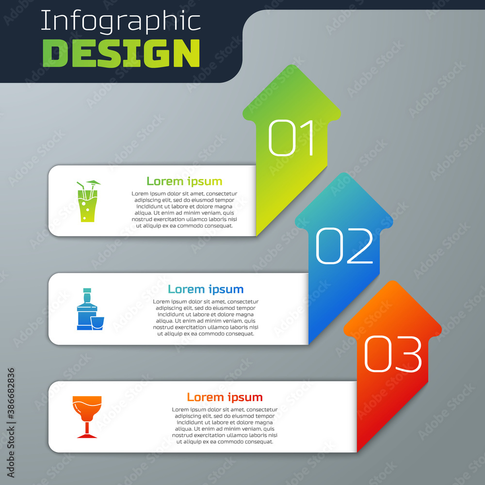 Set Cocktail, Whiskey bottle and glass and Wine. Business infographic template. Vector.