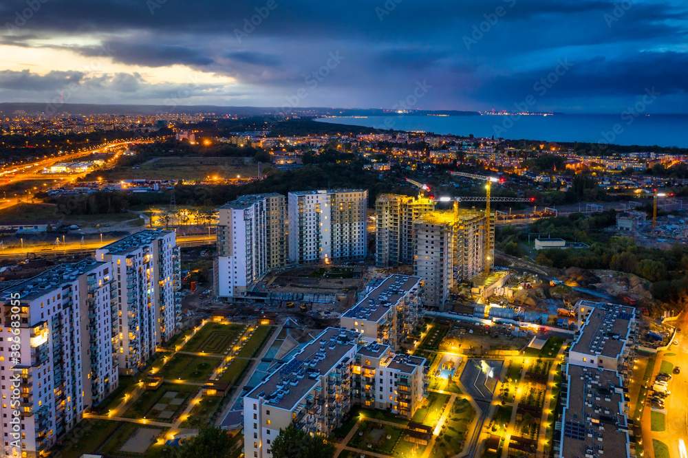 Aerial scenery of residential area in Gdansk at dusk, Poland