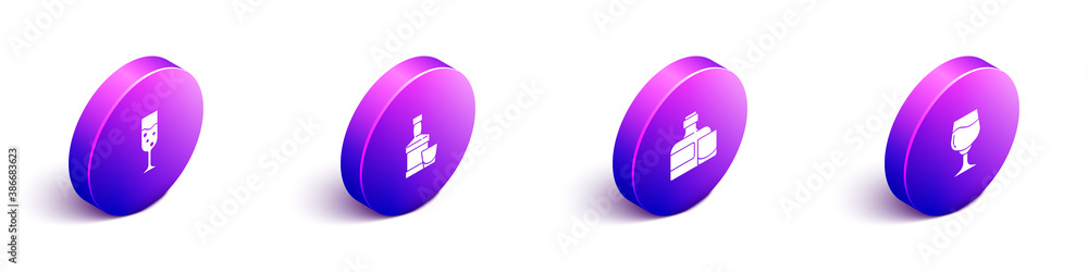 Set Isometric Glass of champagne, Whiskey bottle and glass, and Wine icon. Vector.