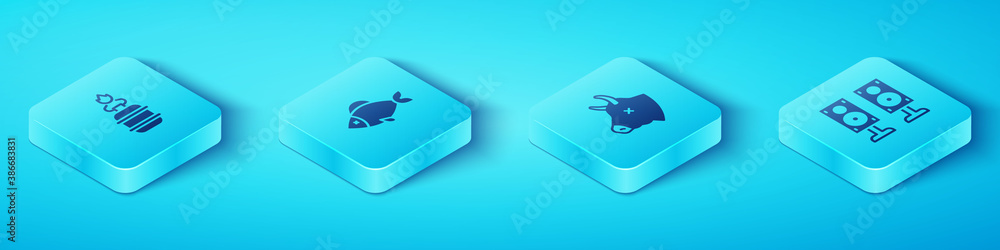 Set Isometric Camping gas stove, Fish, Stereo speaker and Cow head icon. Vector.