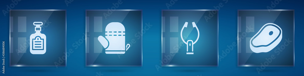 Set Sauce bottle, Oven glove, Meat tongs and Steak meat. Square glass panels. Vector.