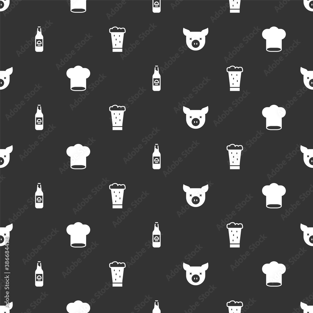 Set Pig, Chef hat, Beer bottle and Glass of beer on seamless pattern. Vector.