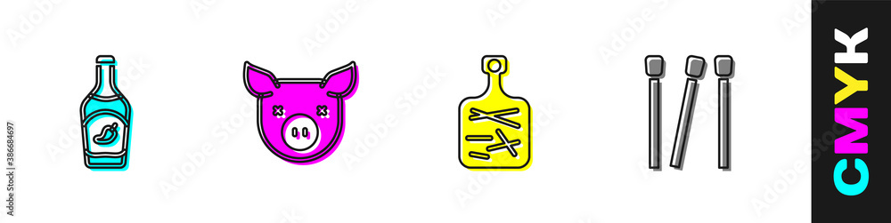 Set Ketchup bottle, Pig, Cutting board and Matches icon. Vector.