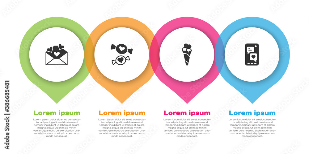 Set Envelope with Valentine heart, Candy, Ice cream waffle cone and Mobile. Business infographic tem