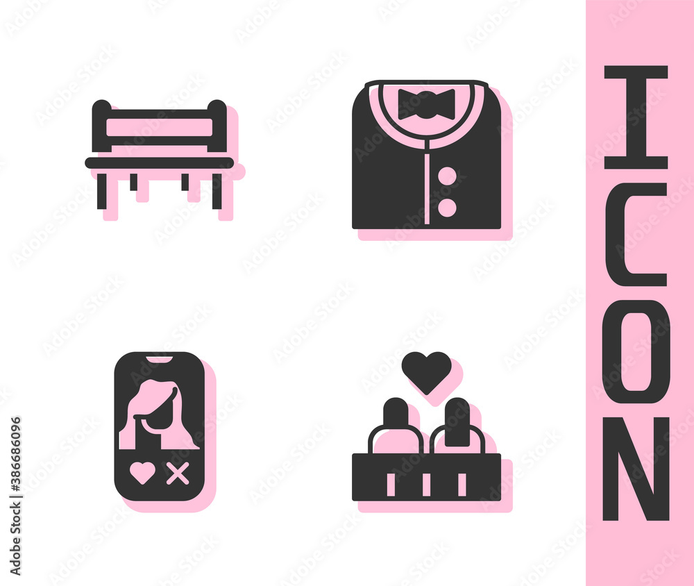 Set Couple in love, Romantic bench, Dating app online and Suit icon. Vector.