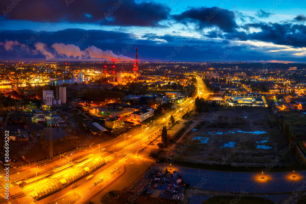 Aerial scenery of harbor area in Gdansk at dusk, Poland