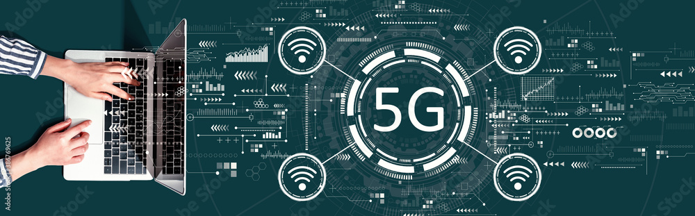 5G network with person using a laptop computer