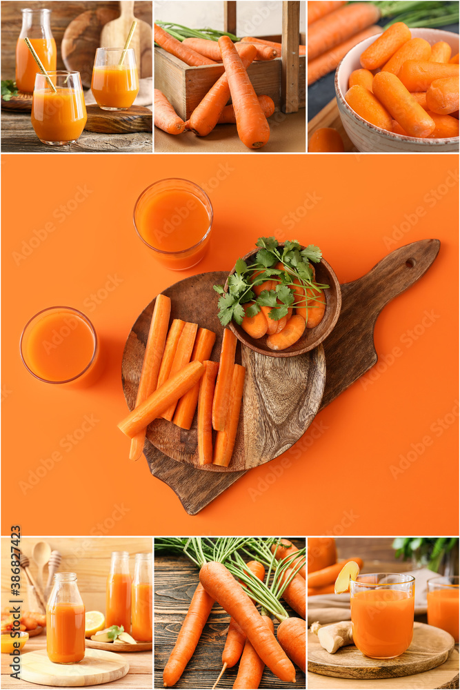 Collage of photos with fresh tasty carrot juice