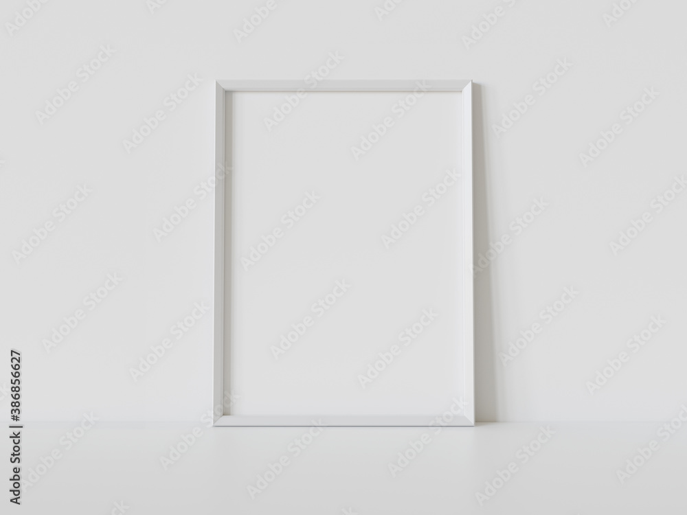 White frame leaning on white floor in interior mockup. Template of a picture framed on a wall 3D ren