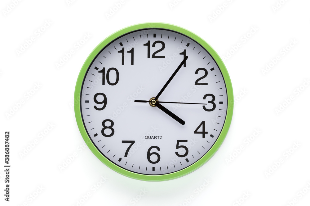 Clock on a white background. Time six minutes past five. Clipping path included.