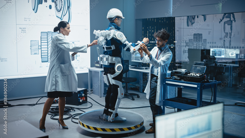 In Robotics Development Laboratory: Engineers and Scientists Work on a Bionics Exoskeleton Prototype