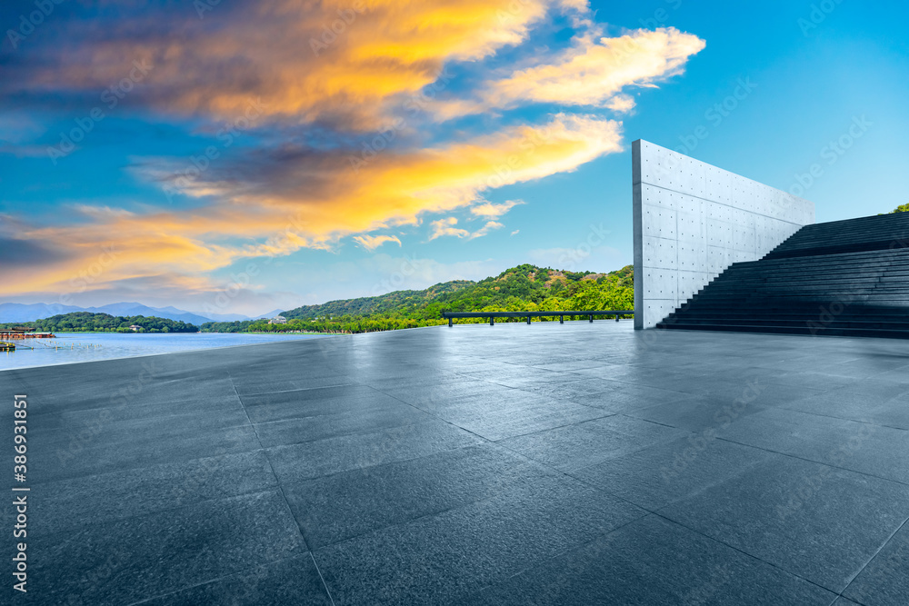 Empty square floor and green mountain in Hangzhou,China.