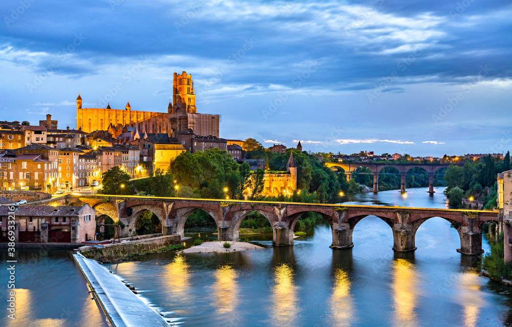 Albi featuring the Sainte-Cecile Cathedral and the Old Bridge over the river Tarn. UNESCO world heri