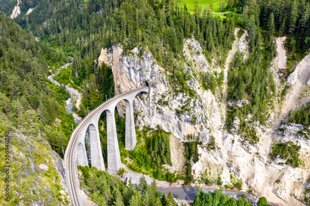 Aerial view of the Landwasser Viaduct in the Swiss Alps