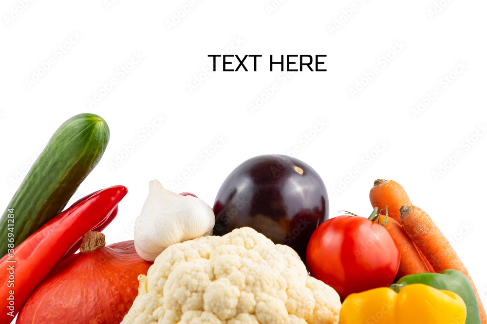 Group vegetables and Fruits on the White Background with copy space for text.Healthy food concept, S