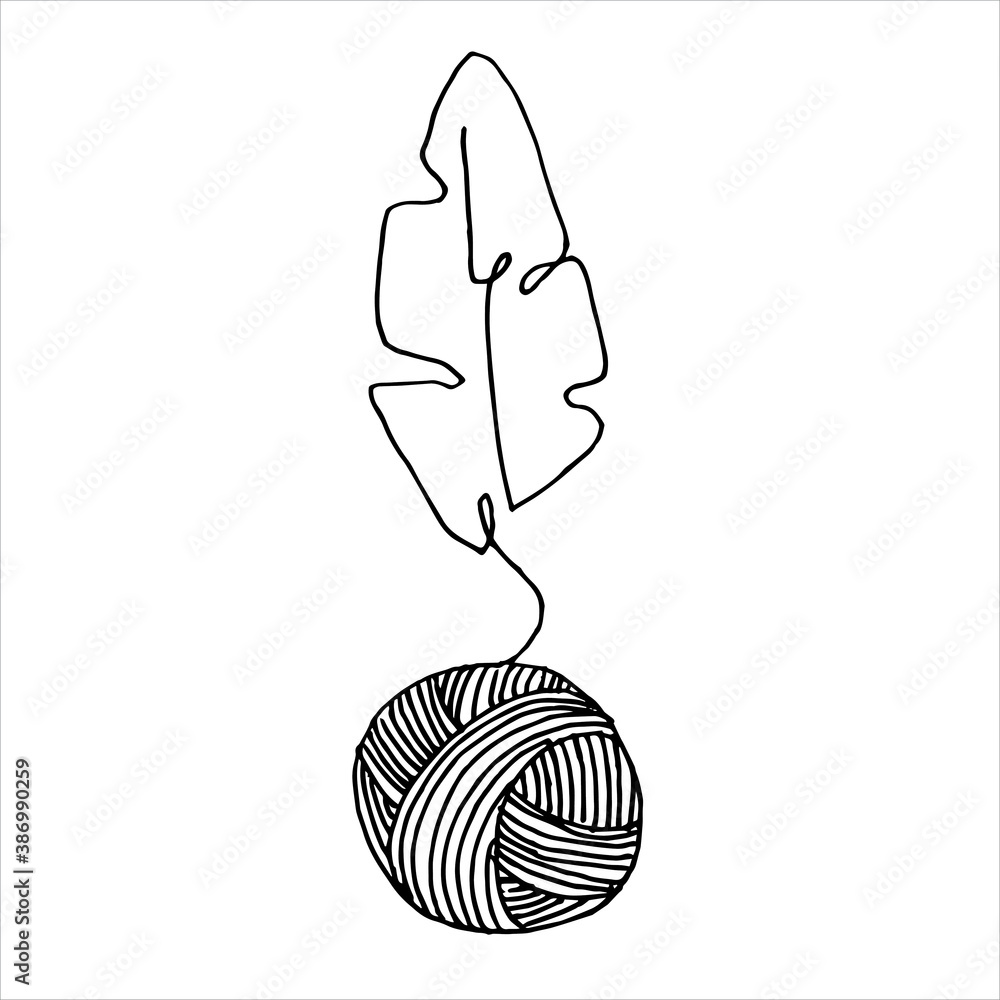 vector drawing in the style of doodle. balls of yarn for knitting and plant leaves. one line drawing