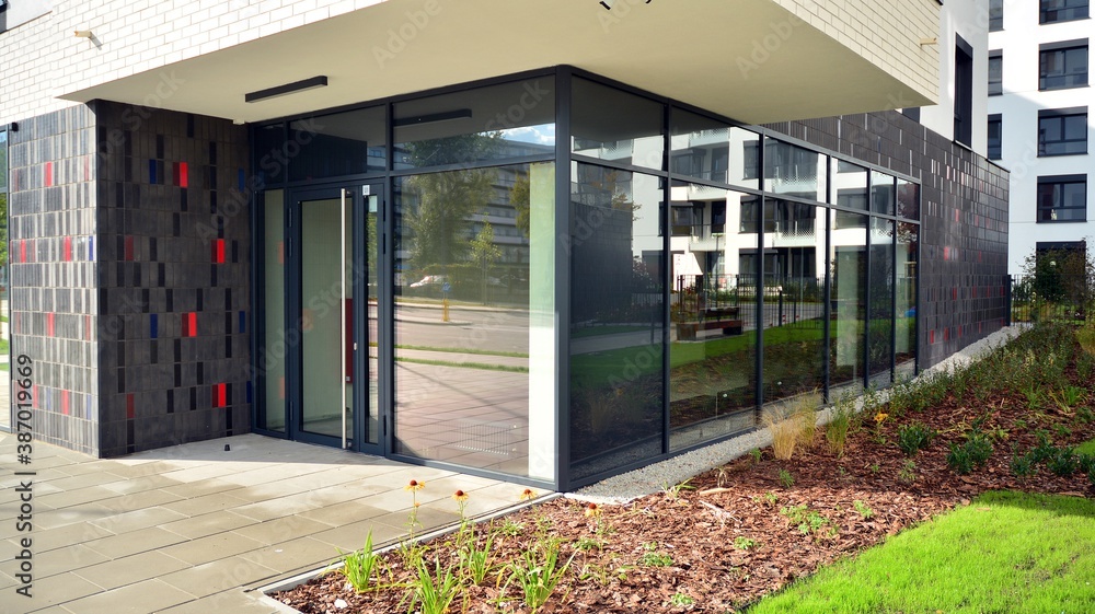 Panoramic windows of new commercial premises. Commercial property in development standard for rent.