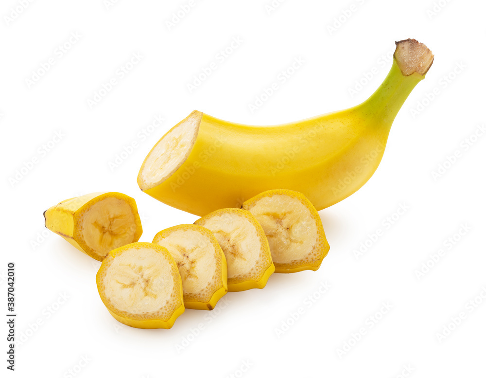 Sliced bananas on a white background