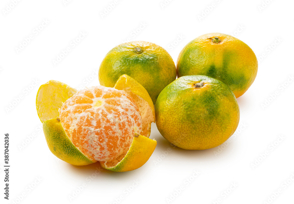 Early Japanese mandarin oranges on a white background