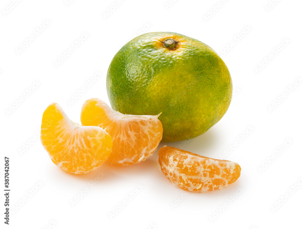 Early Japanese mandarin oranges on a white background