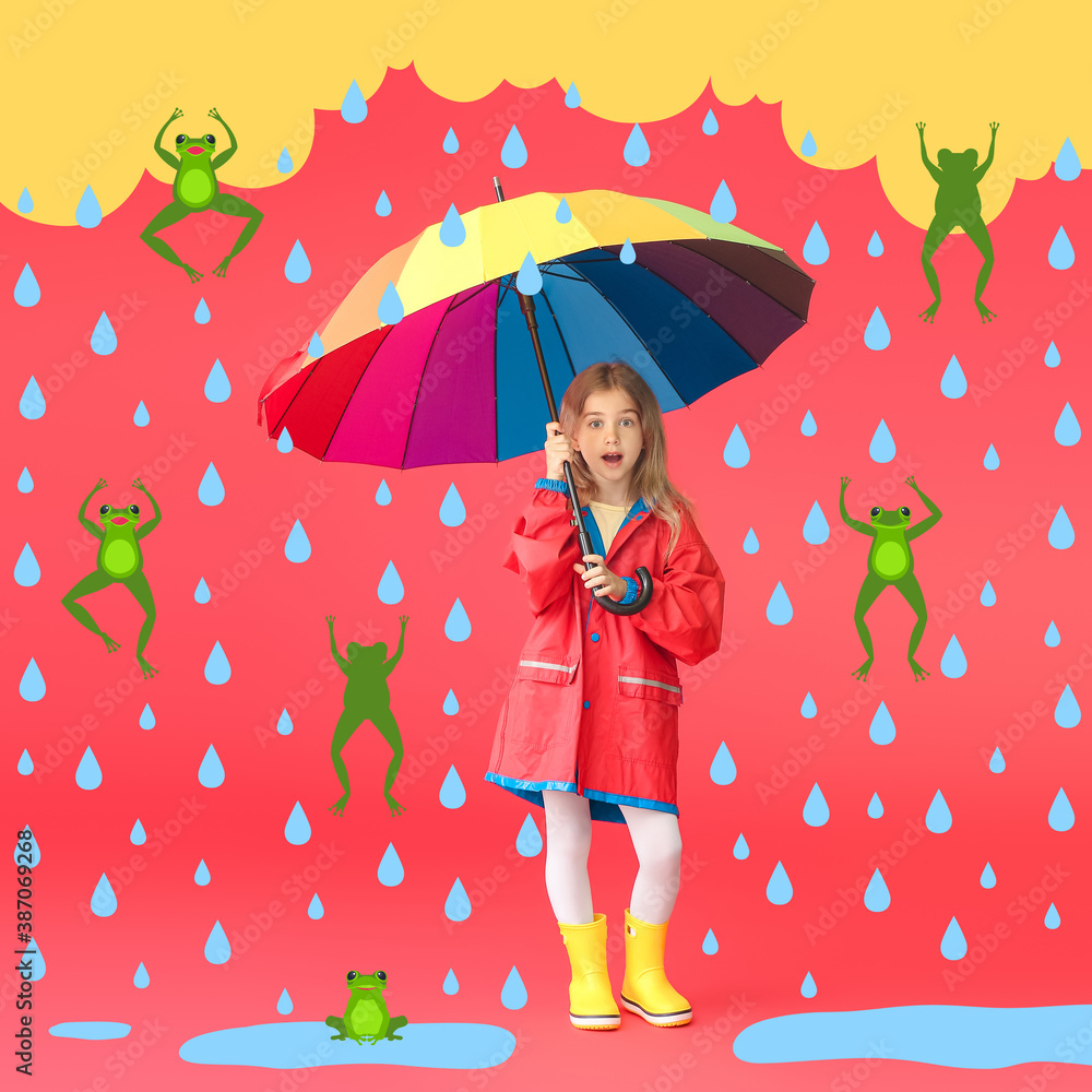 Surprised little girl in raincoat and with umbrella on color background with drawn clouds, drops and