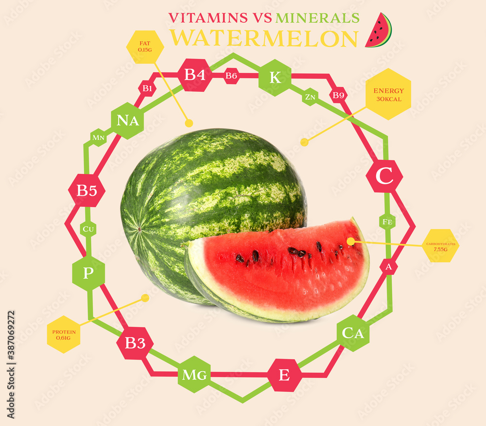 Fresh watermelon with nutrition facts on light background