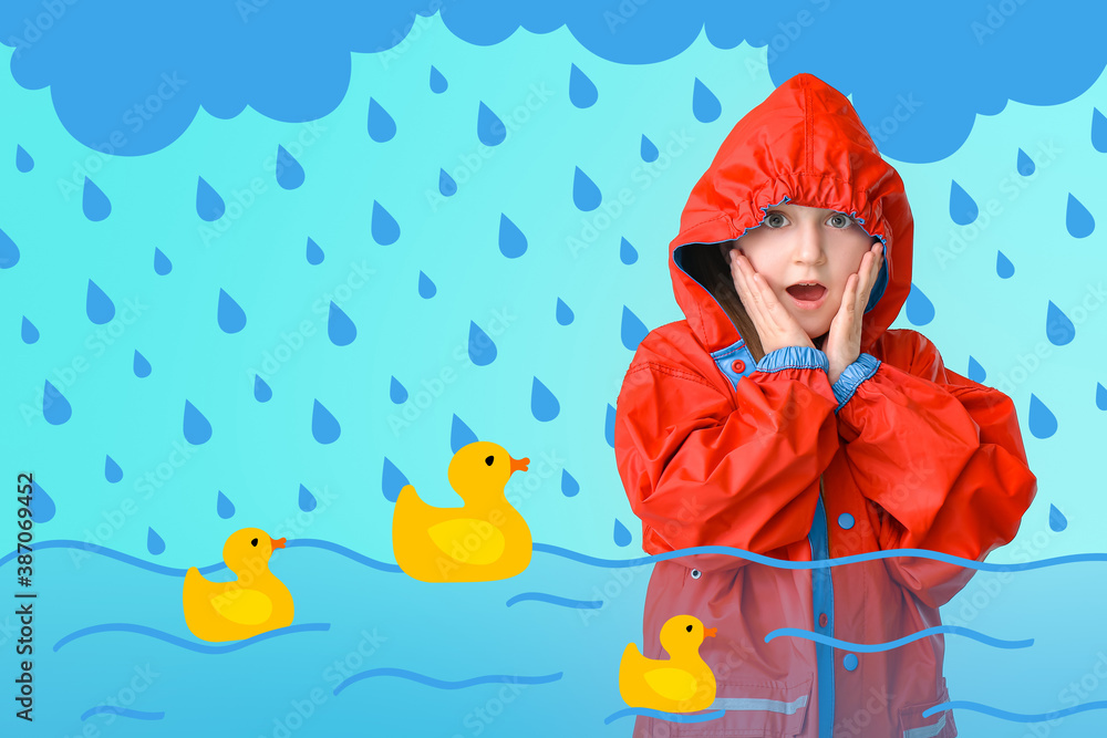 Surprised little girl in raincoat on color background with drawn pond and ducks