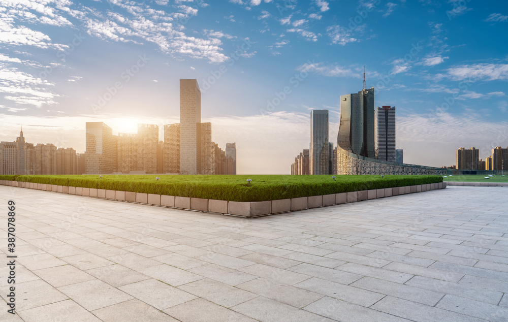 Road ground and modern architectural landscape skyline of Chinese city