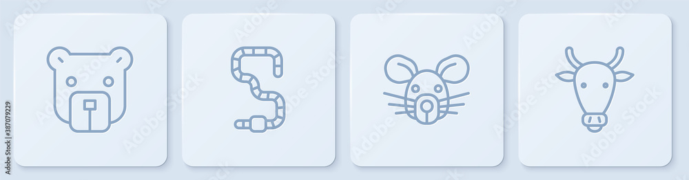 Set line Bear head, Rat, Worm and Cow. White square button. Vector.