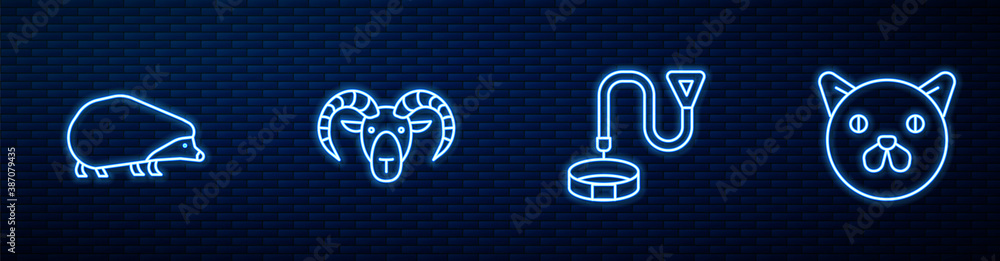 Set line Collar with name tag, Hedgehog, Head of goat or ram and Cat. Glowing neon icon on brick wal