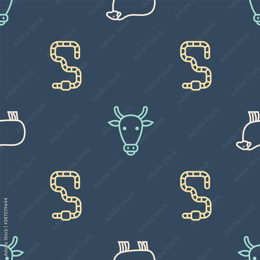 Set line Sheep, Worm and Cow head on seamless pattern. Vector.