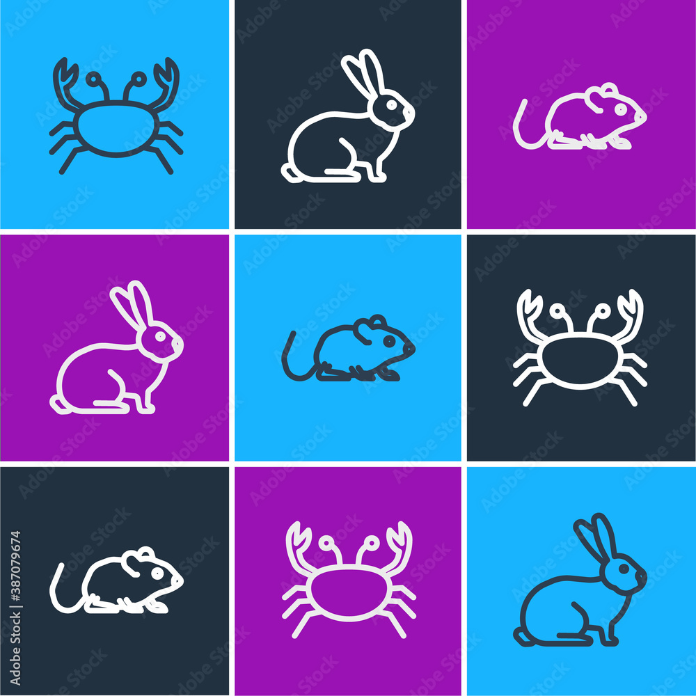 Set line Crab, Rat and Rabbit icon. Vector.