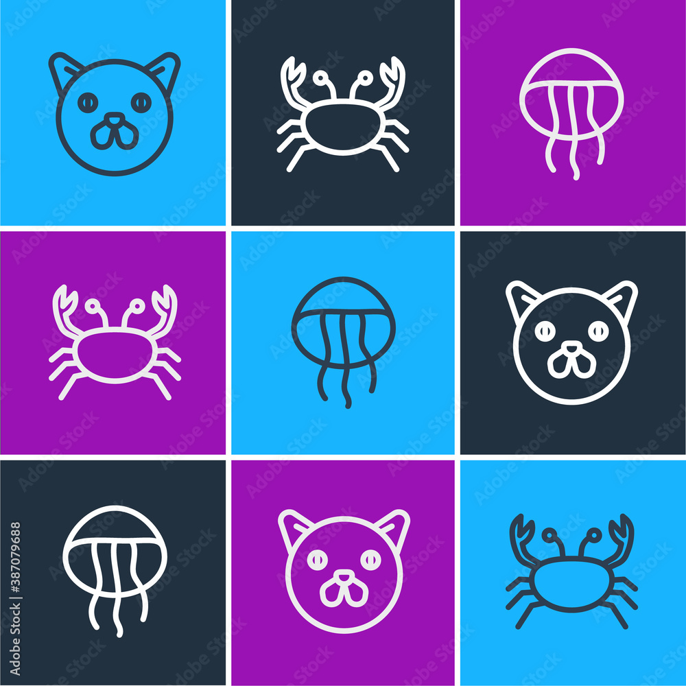 Set line Cat, Jellyfish and Crab icon. Vector.