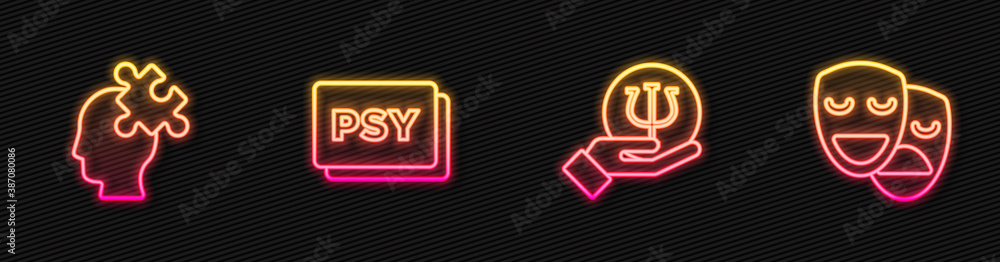 Set line Psychology, Psi, Solution to the problem, and Comedy and tragedy masks. Glowing neon icon. 