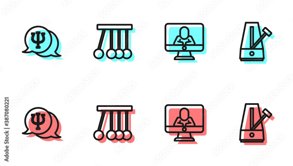 Set line Psychologist online, Psychology, Psi, Pendulum and Metronome with pendulum icon. Vector.