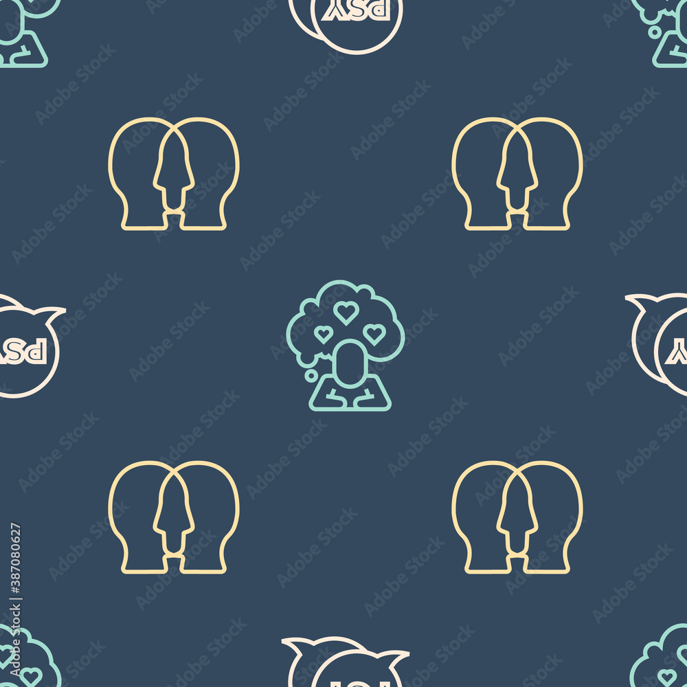 Set line Psychology, Psi, Bipolar disorder and Broken heart divorce on seamless pattern. Vector.