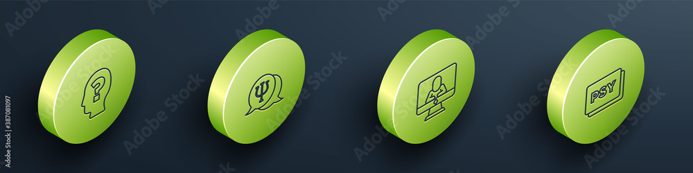 Set Isometric Head with question mark, Psychology, Psi, Psychologist online and icon. Vector.