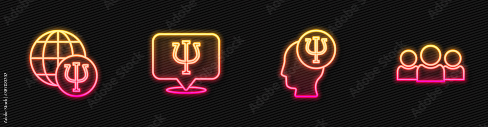 Set line Psychology, Psi, , and Users group. Glowing neon icon Vector illustration