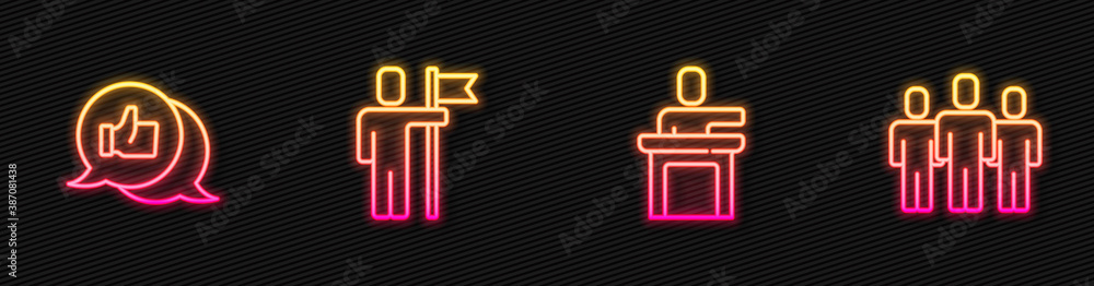 Set line Speaker, Hand like, Team leader and Users group. Glowing neon icon. Vector.