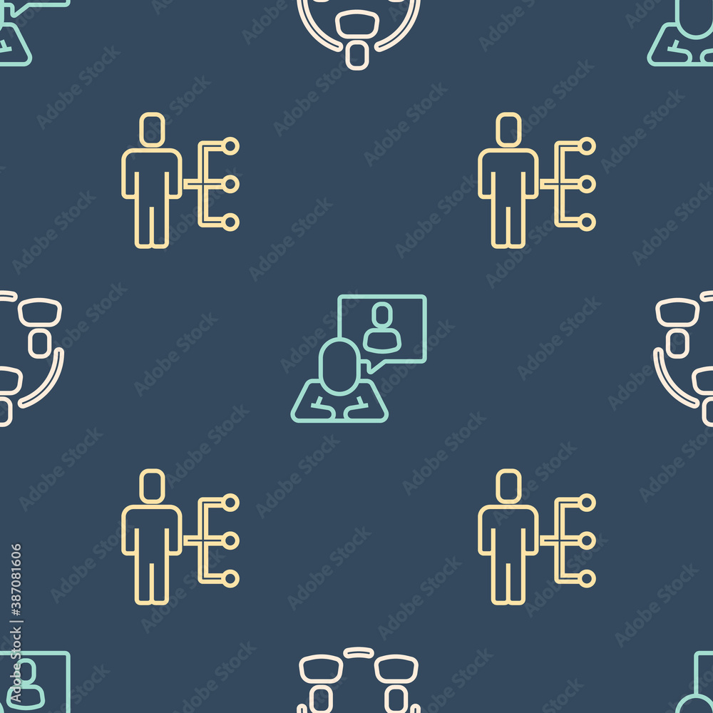 Set line Project team base, User of man in business suit and Head hunting on seamless pattern. Vecto