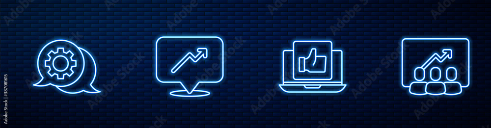 Set line Hand like, Speech bubble chat, Graph, schedule, chart and Project team base. Glowing neon i