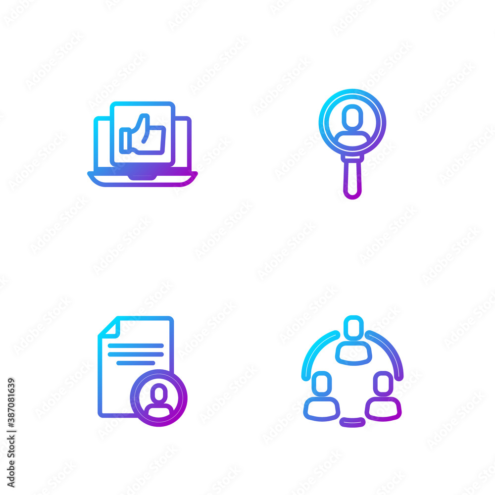 Set line Project team base, Resume, Hand like and Search people. Gradient color icons. Vector.